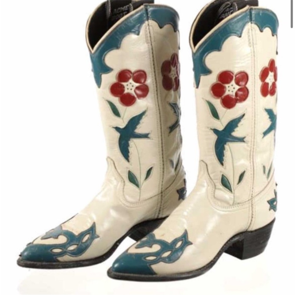 Rare ACME Floral Swallow Heeled Boots - Cream and Teal